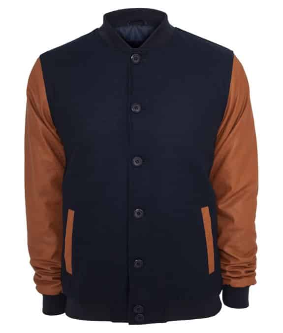 Wool Leather Button Jacket navy-cognac 2